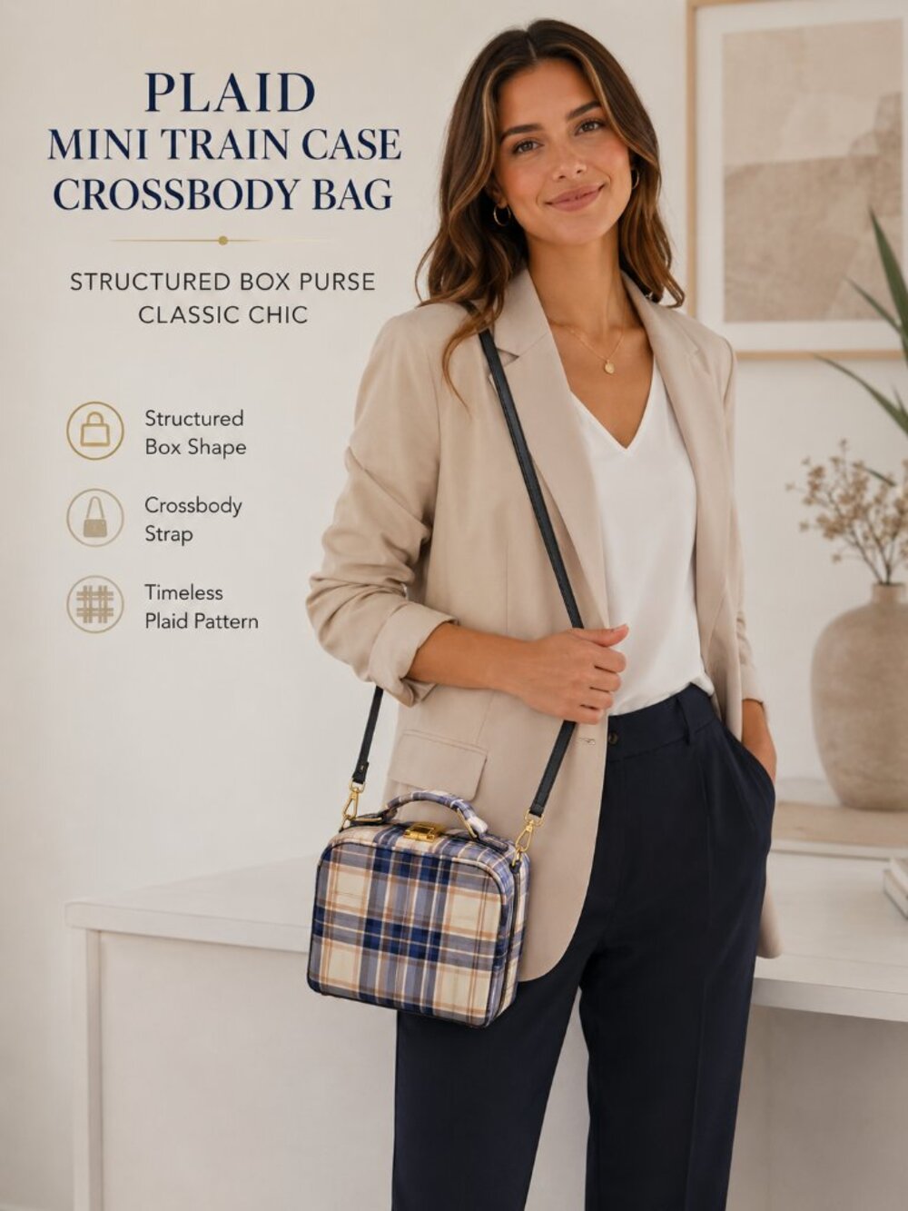 Plaid Mini Train Case Crossbody Bag – Structured Box Purse – Classic Chic - Picture 2 of 10